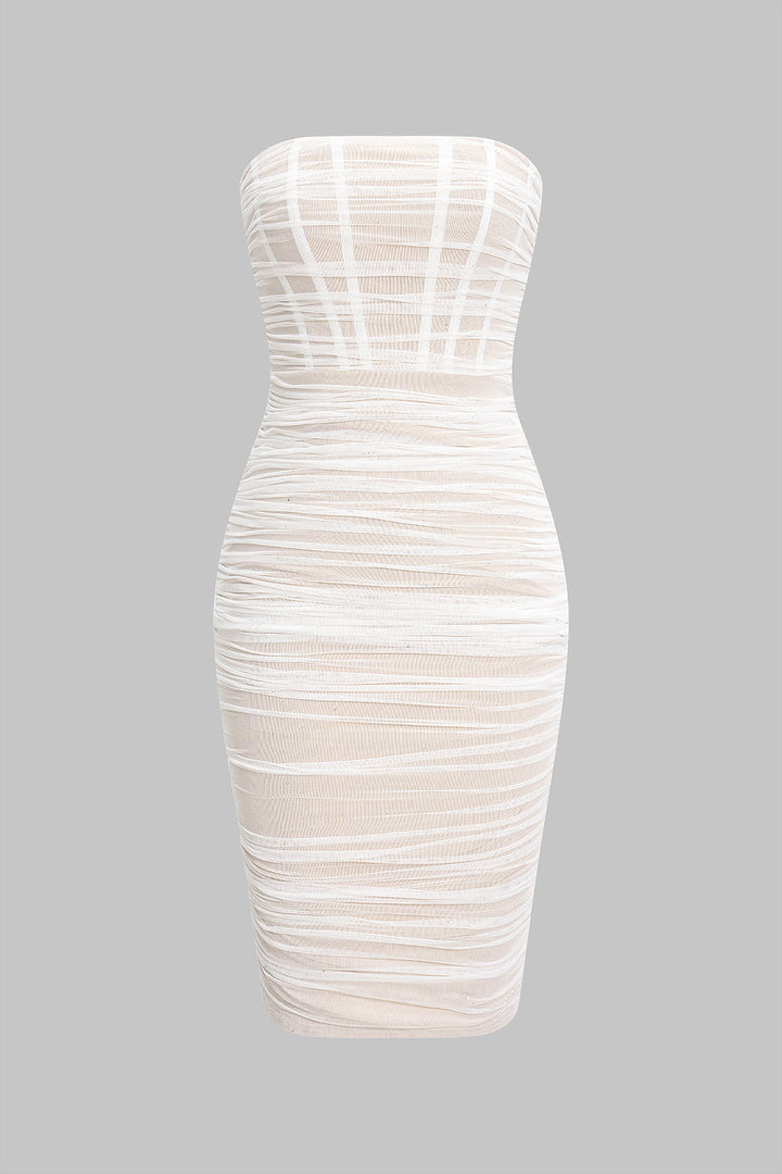 Mesh Ruched Zipper Strapless Sleeveless Midi Dress