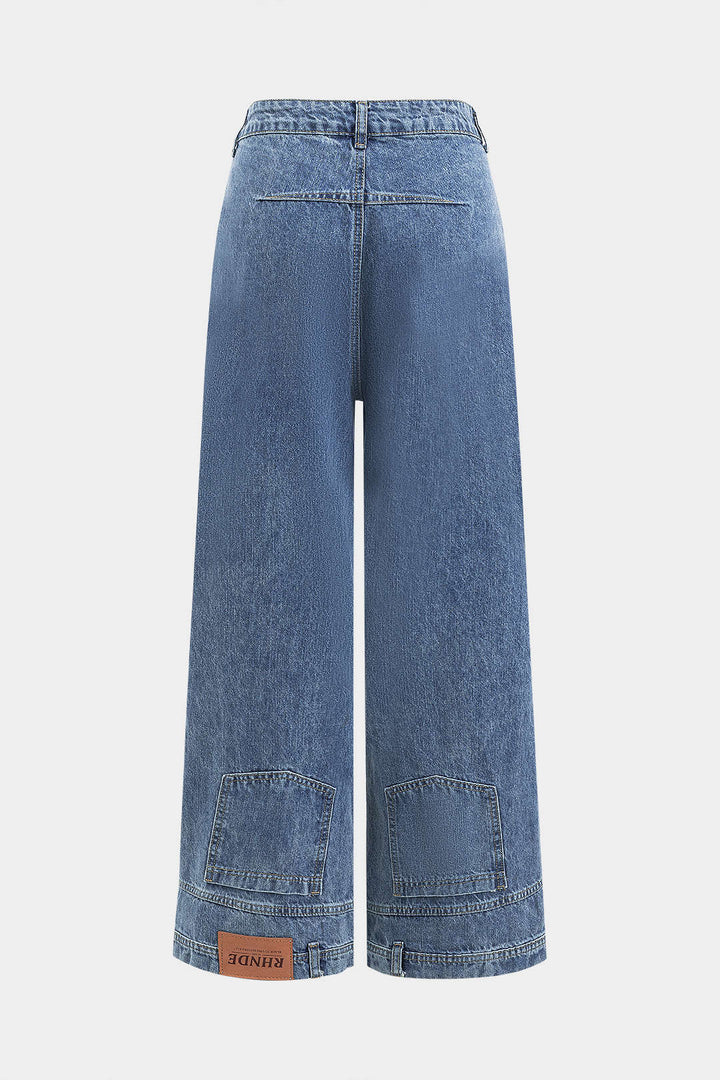 Denim Washed Button Wide Leg Jeans