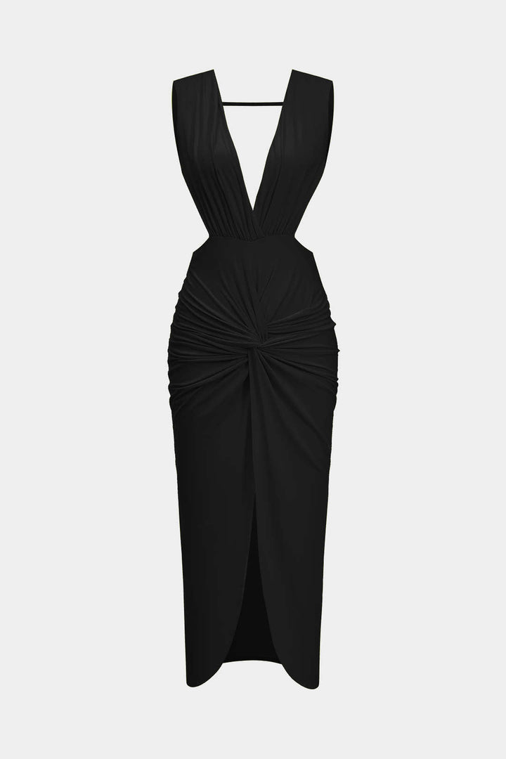 Ruched Twist Knot Backless Sleeveless Midi Dress