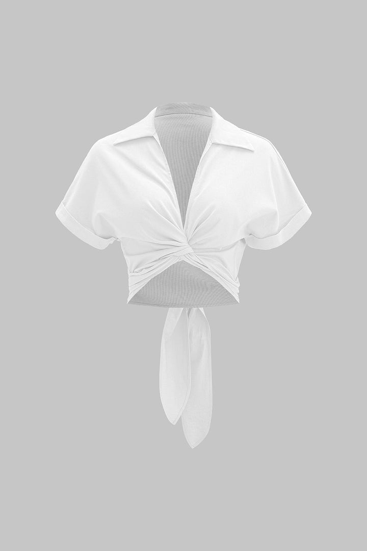 Linen Tie-Up V-Neck Ruched Short-Sleeve Shirt