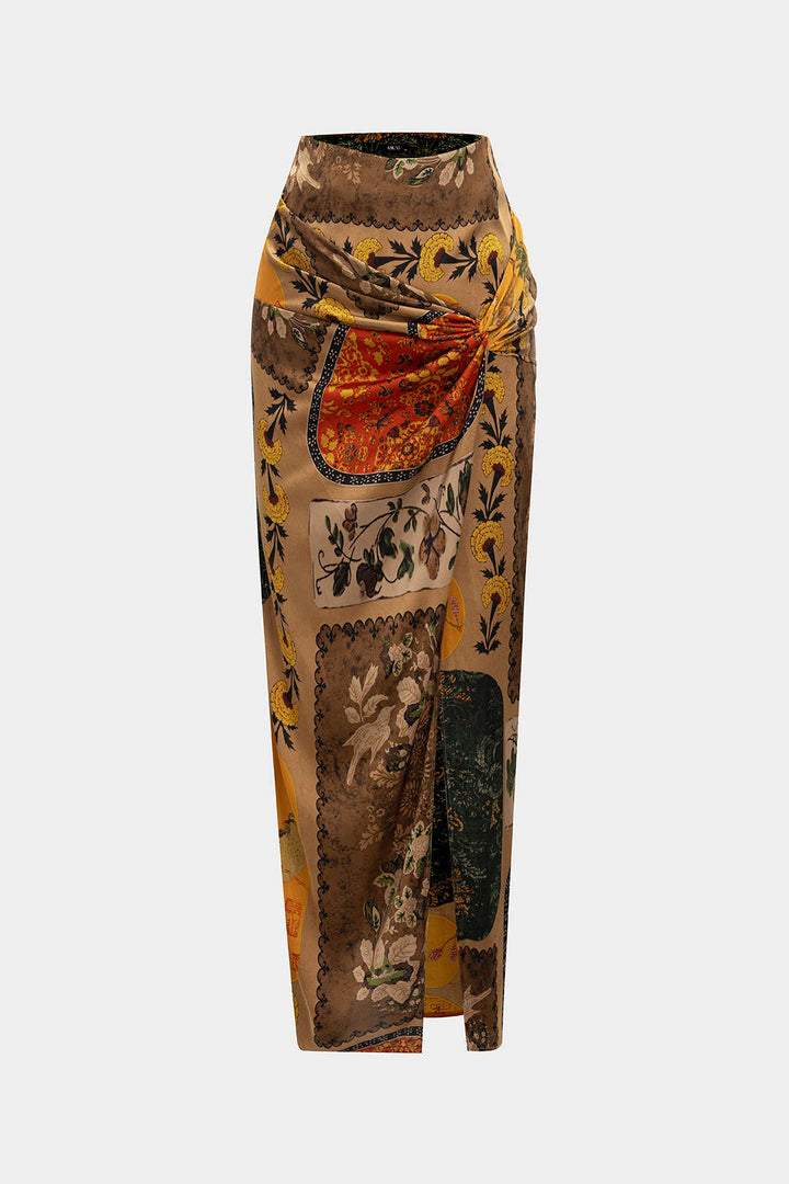 Retro Print Satin Tie Front Skirt