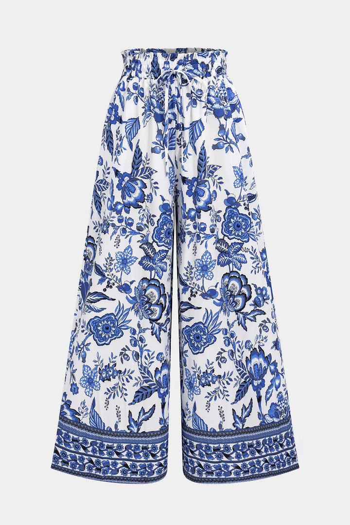 Floral Leaves Print Drawstring Wide Leg Trousers