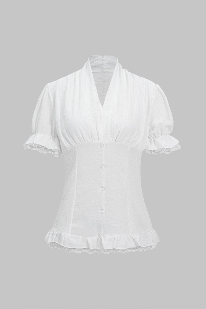 Pleated Sleeves Button Short-Sleeve Shirt