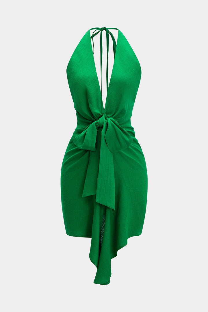 Linen Tie Front V-Neck Halter Neck Ruched Backless Sleeveless Mini Dress