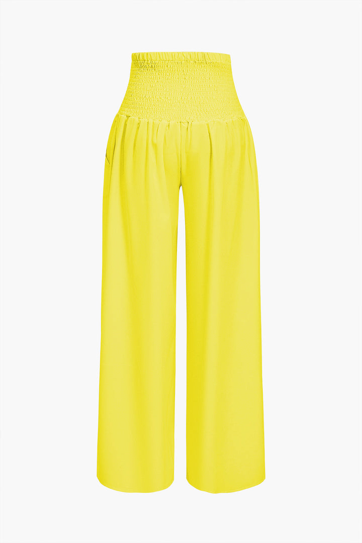 Ruched Tube Top And Tie Front Wide Leg Trousers Set