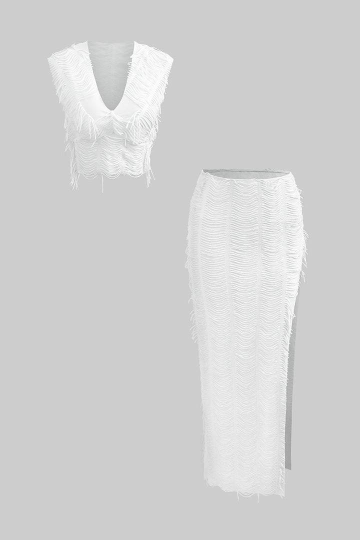 Distressed V-neck Cap Sleeve Crop Top And Slit Maxi Skirt Set