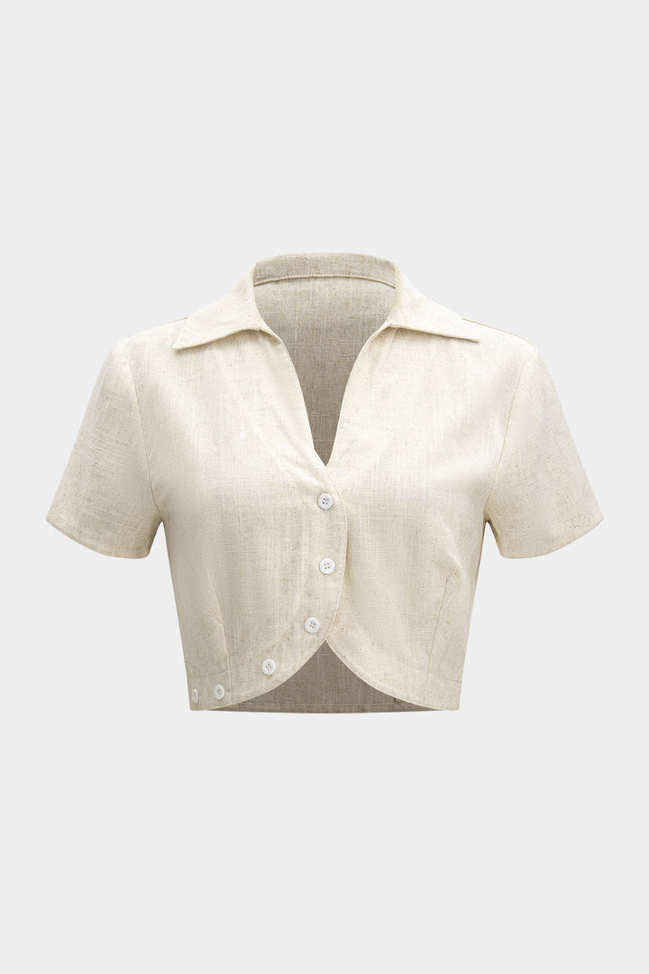Linen V-Neck Button Short-Sleeve Shirt