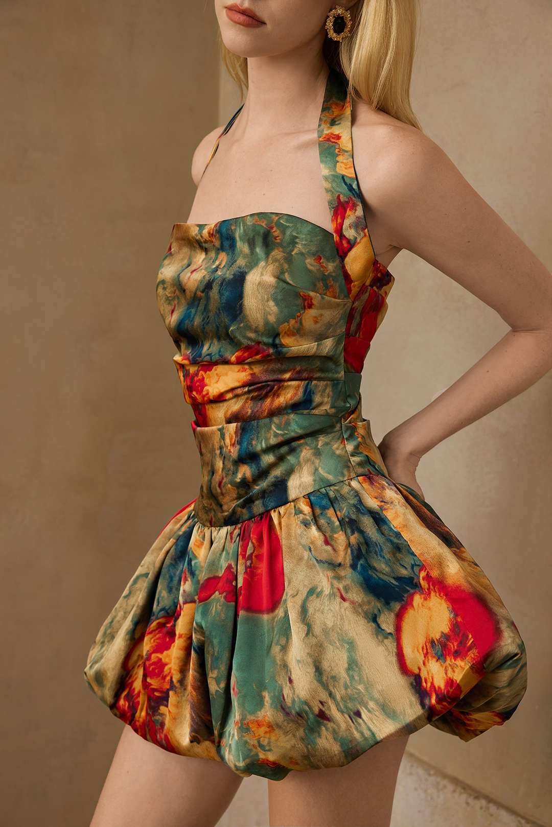 Watercolor Print Satin Ruched Backless Zipper Tie Up Mini Dress