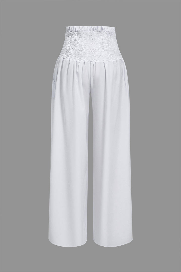 Ruched Tube Top And Tie Front Wide Leg Trousers Set