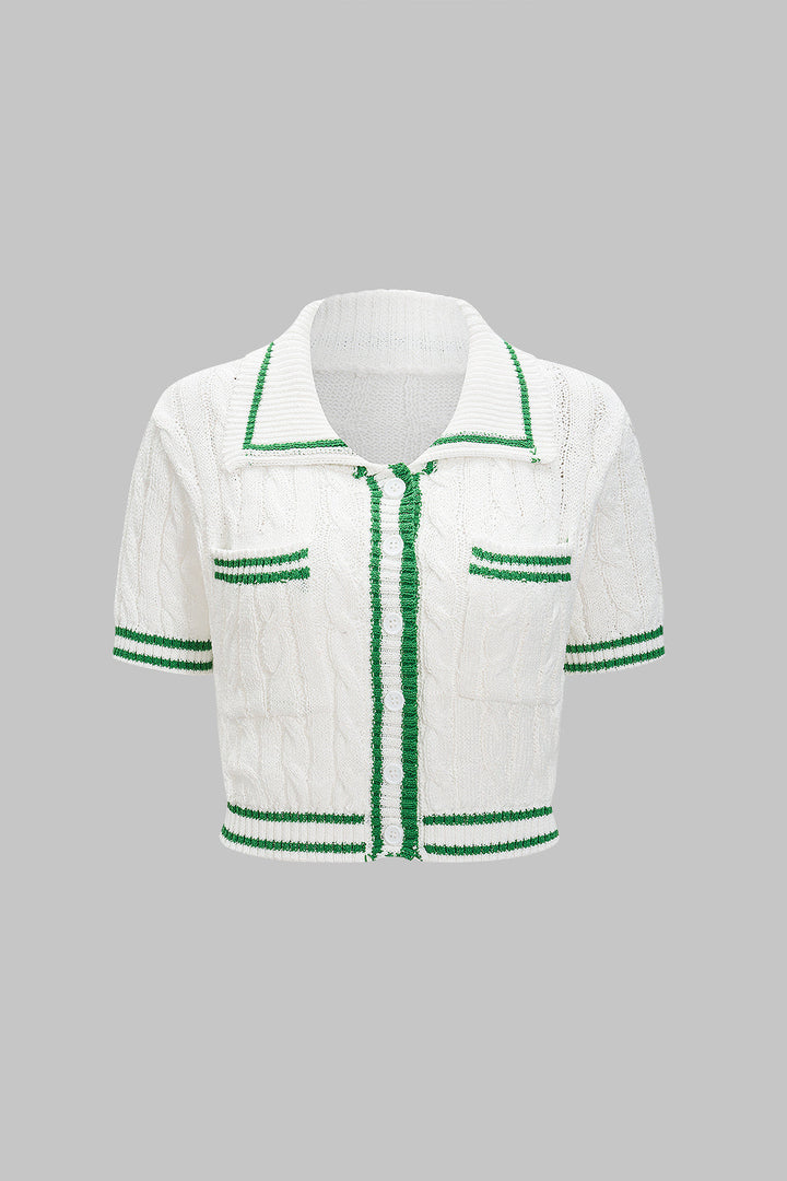 Contrast Knit Button Short-Sleeve Top