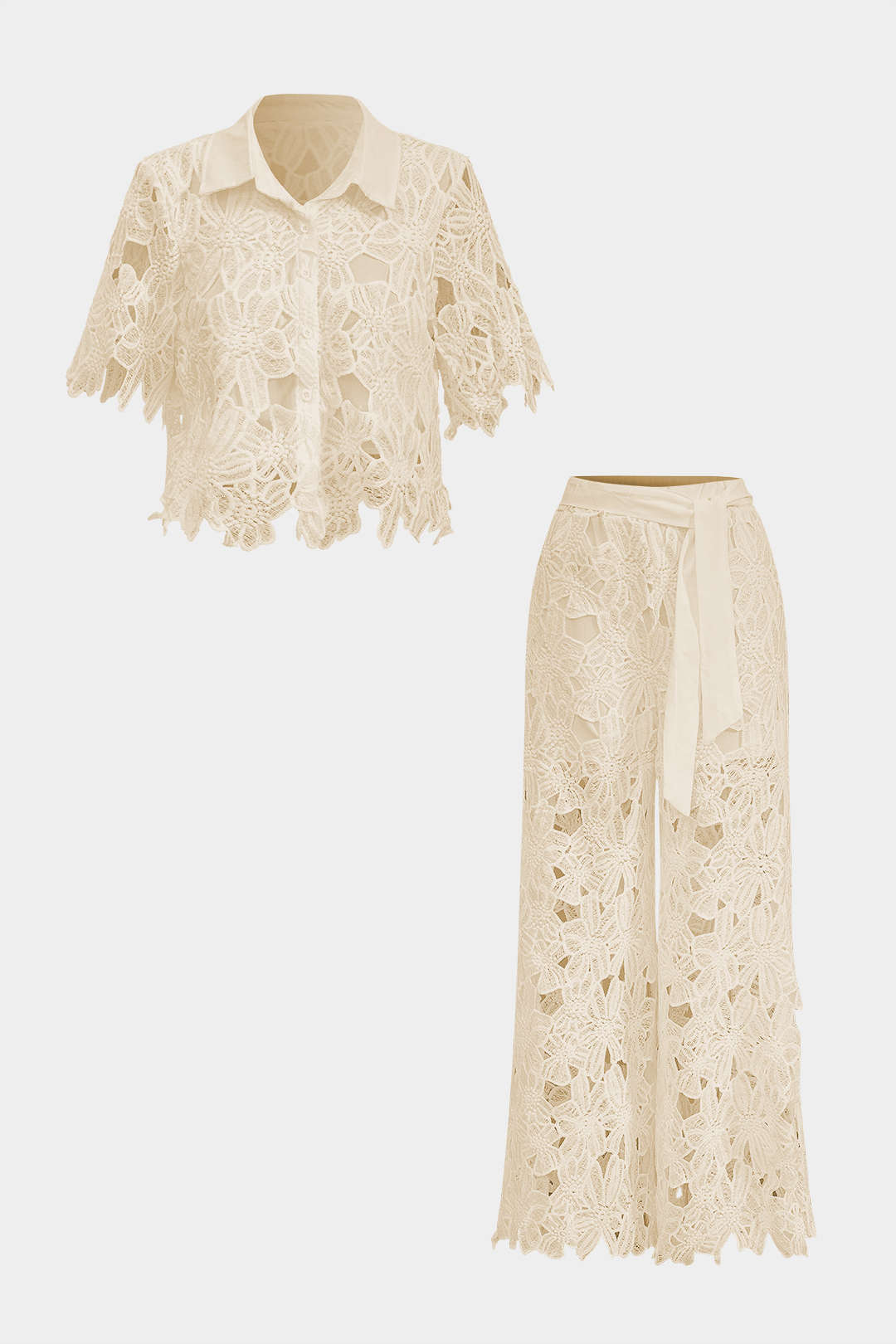 Hollow Out Lace Top And Tie Up Trousers Set