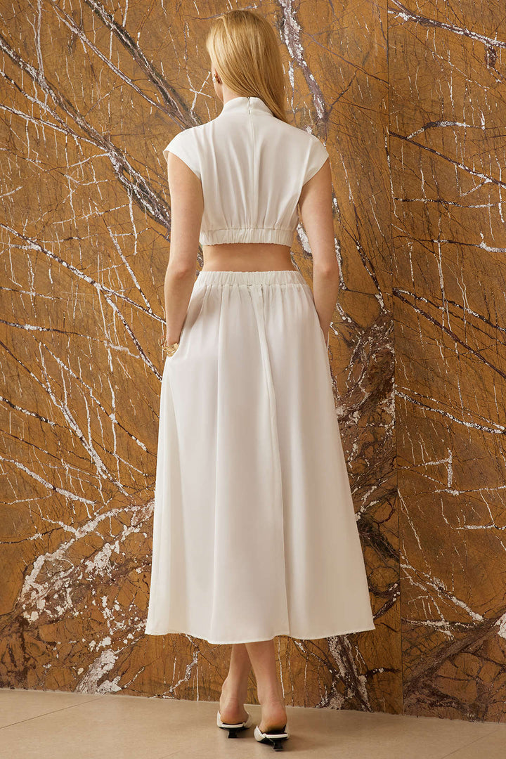 Mock Neck Cut Out Pleated Maxi Dress