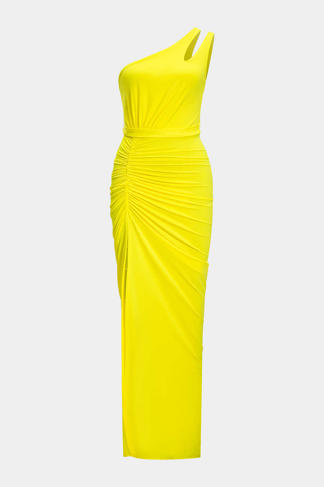 Satin High Slit Ruched Asymmetrical Maxi Dress