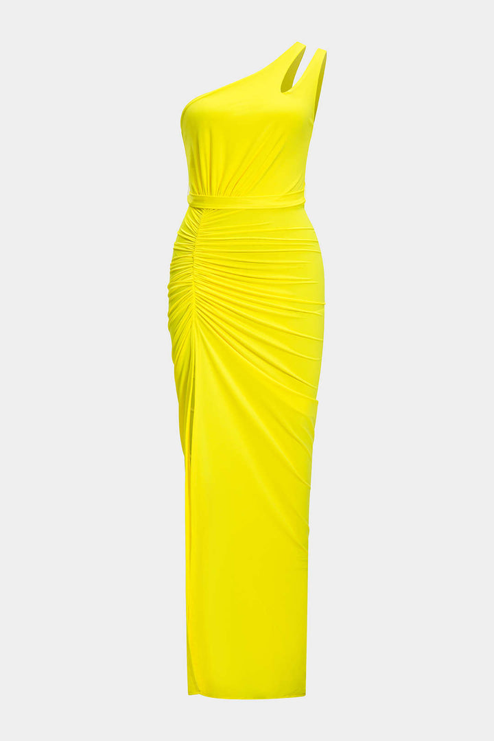 Satin High Slit Ruched Asymmetrical Maxi Dress