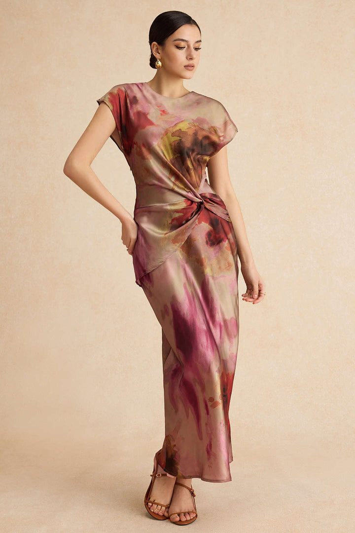Tie Dye Ruched Cut Out Button Twist Knot Midi Dress