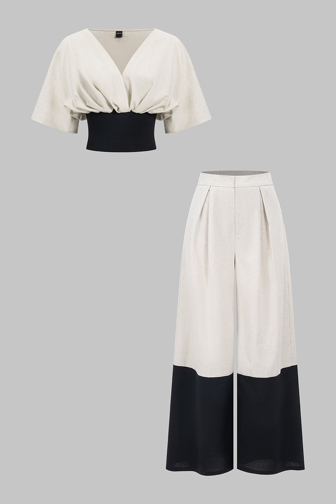 Linen Patchwork Ruched Short-Sleeve Shirt
