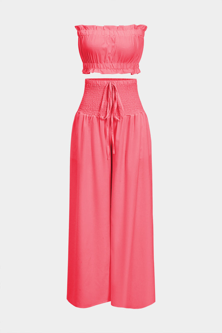 Ruched Tube Top And Tie Front Wide Leg Trousers Set