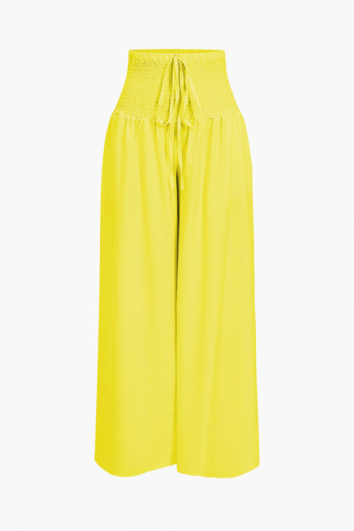 Ruched Tube Top And Tie Front Wide Leg Trousers Set