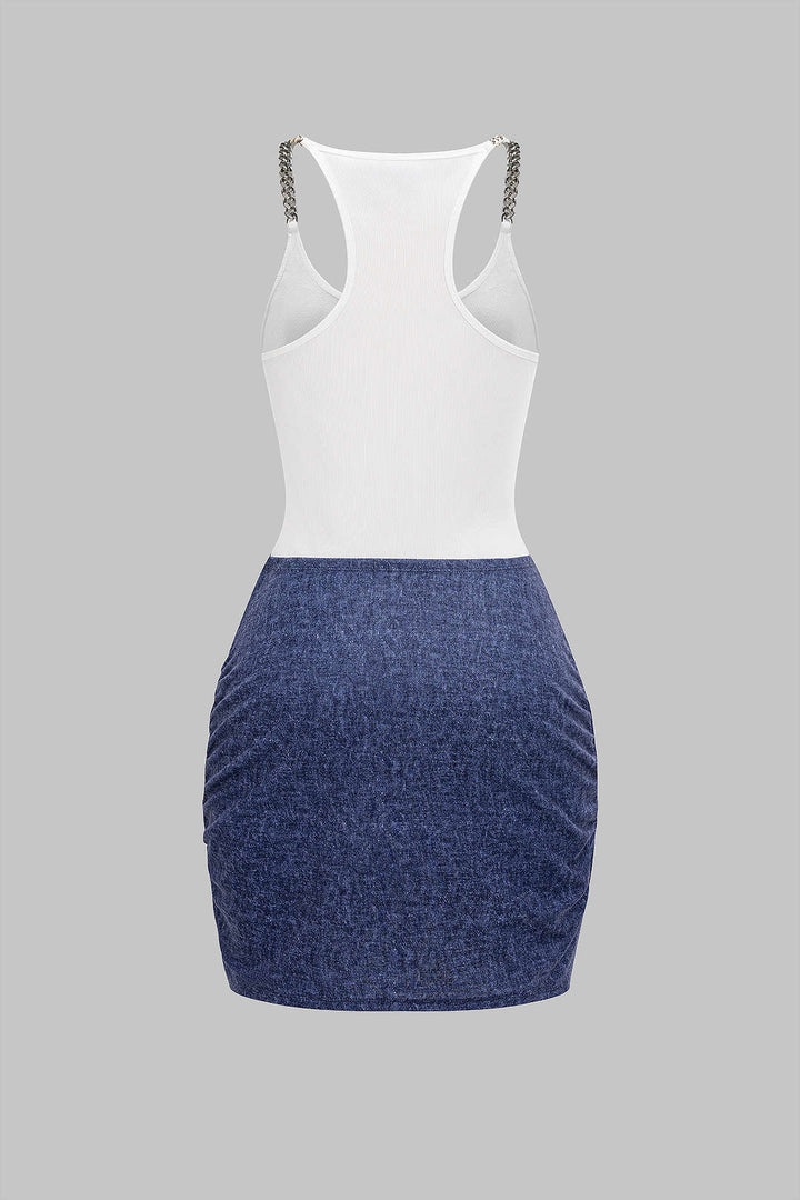 Tie Front Ruched Metallic Chain Patchwork Sleeveless Mini Dress
