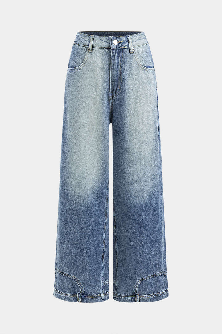 Denim Washed Button Wide Leg Jeans