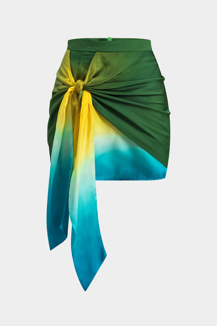 Ombre Print Satin Ruched Tie Front Zipper Skirt