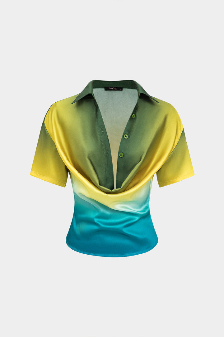 Ombre Print Satin Cowl Neck Short-Sleeve Shirt