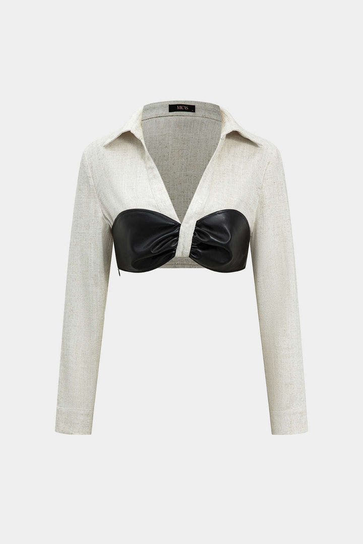 Color Block Faux Leather Linen Ruched Long-Sleeve Shirt