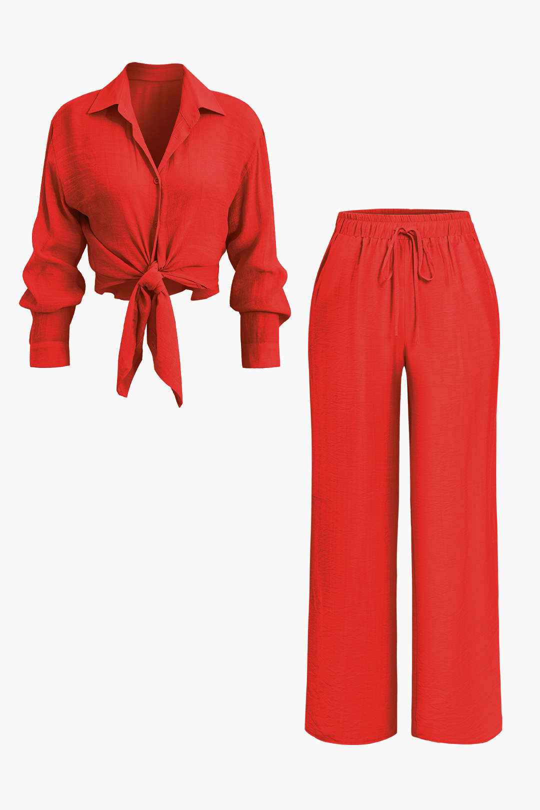 Tie Front Shirt And Wide Leg Pants Set