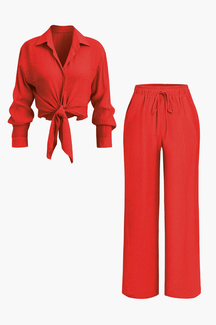 Tie Front Shirt And Wide Leg Pants Set