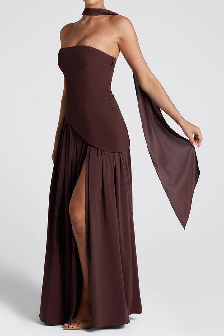 Contrast Satin Ruched Slit Strapless Maxi Dress
