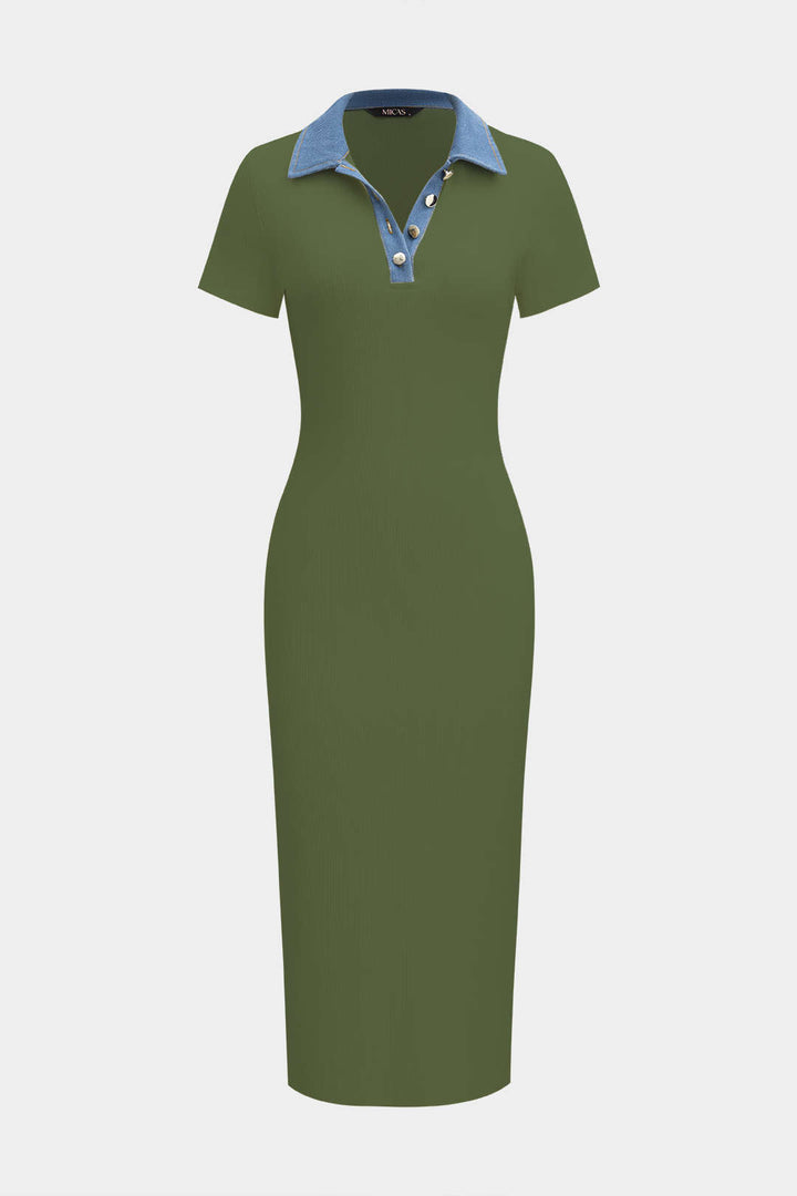 Denim Patchwork Short Sleeve Midi Dress