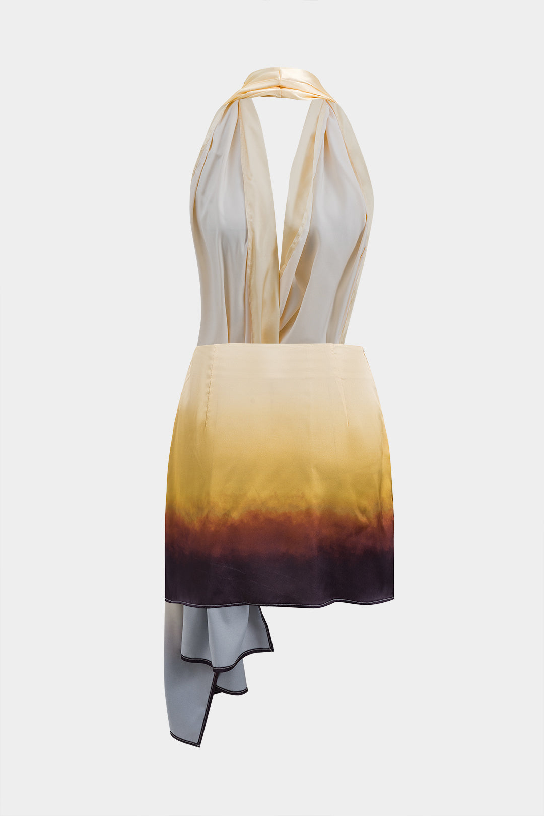 Ombre Print Satin Ruched Asymmetrical Backless Halter Two-Piece Mini Dress