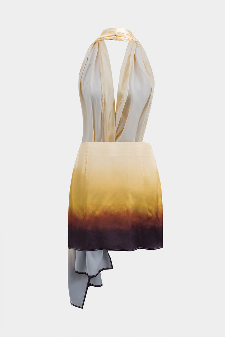 Ombre Print Satin Ruched Asymmetrical Backless Halter Two-Piece Mini Dress