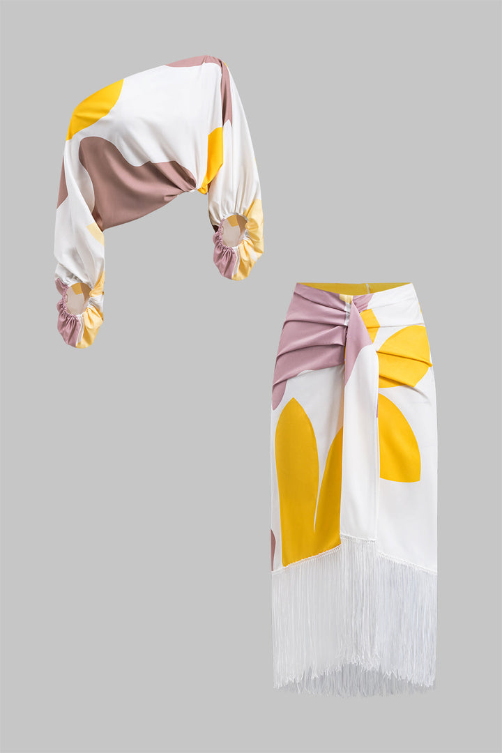 Abstract Print Ruched Asymmetry One Shoulder Long Sleeve Top And Fringe Skirt Set