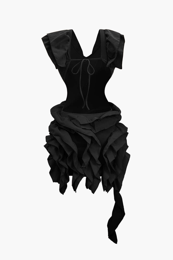Solid Backless Pleated Ruffle Midi Dress