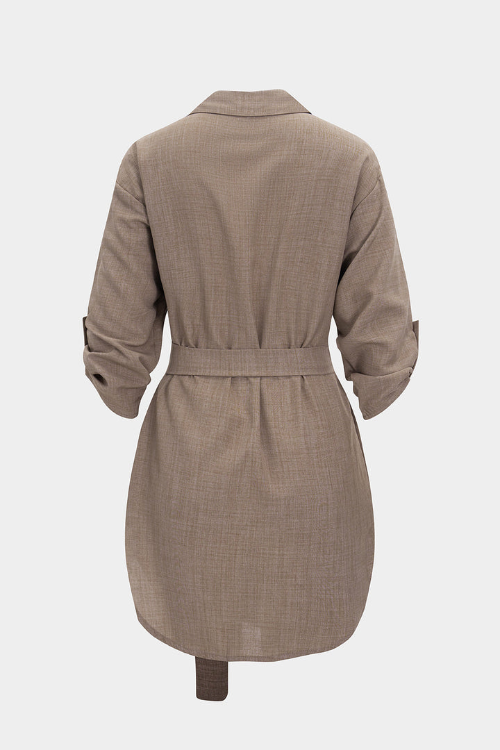 Button V-Neck Belted Mini Dress