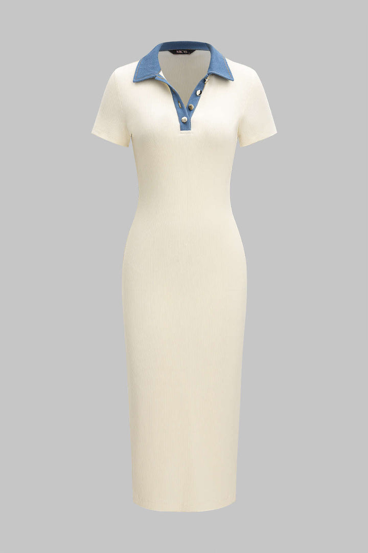 Denim Patchwork Short Sleeve Midi Dress