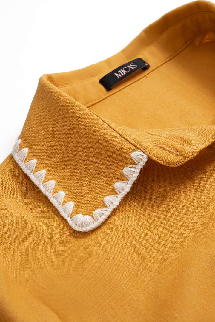 Linen Button Contrast Whipstitching Short-Sleeve Shirt