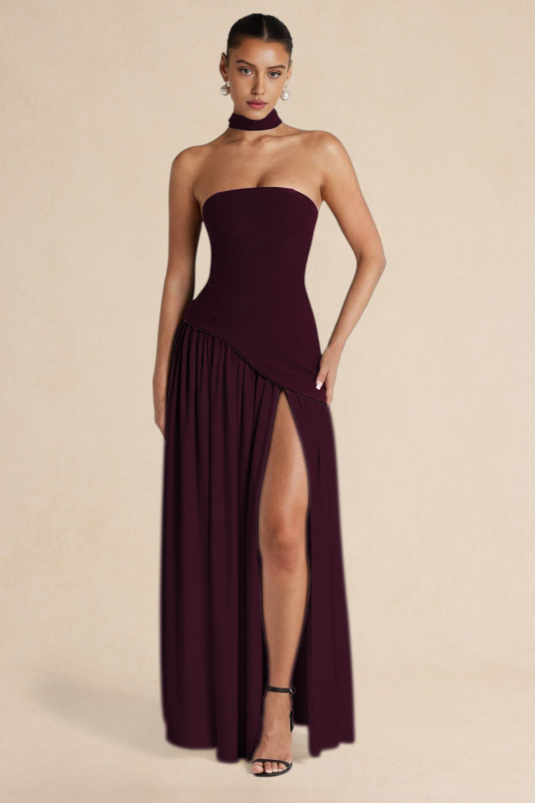Contrast Satin Ruched Slit Strapless Maxi Dress