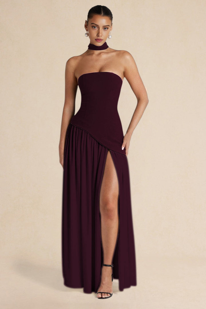 Contrast Satin Ruched Slit Strapless Maxi Dress