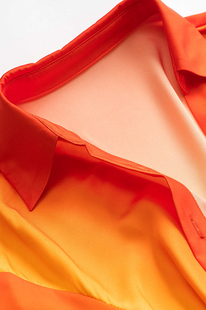 Ombre Print Satin Cowl Neck Short-Sleeve Shirt