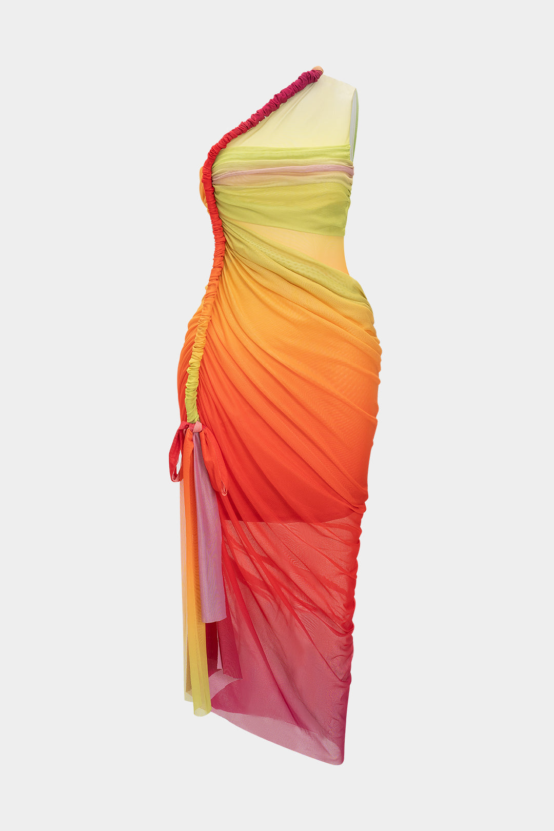 Ombre Print Twist Mesh One Shoulder Sleeveless Midi Dress