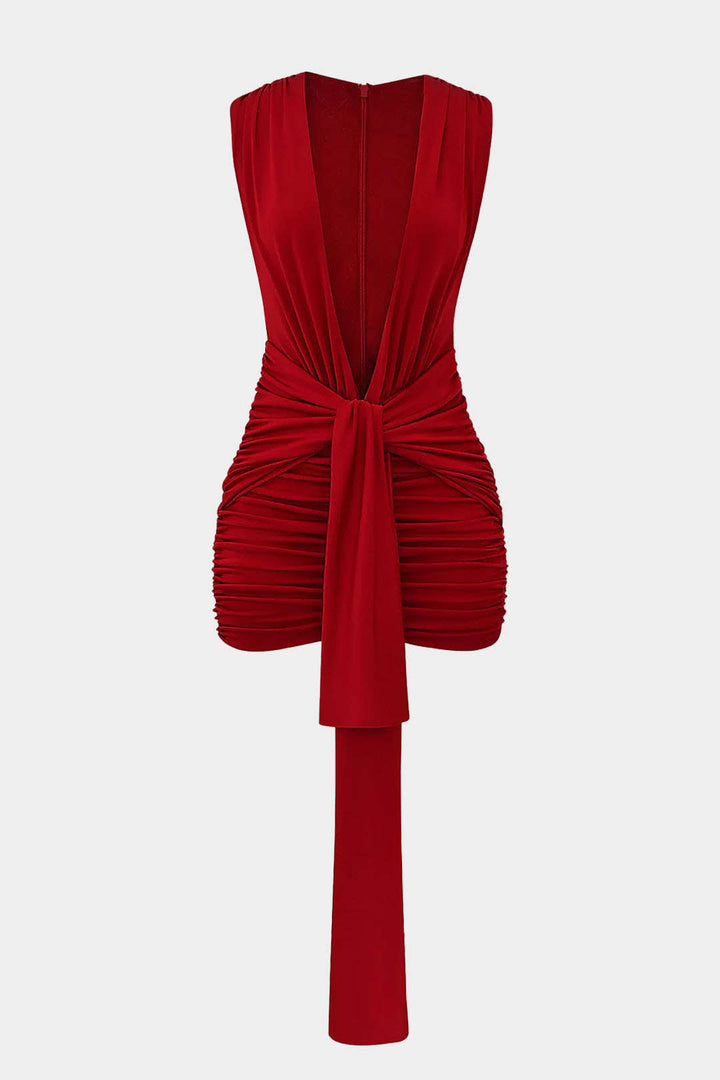 V-Neck Tie Front Ruched Sleeveless Mini Dress