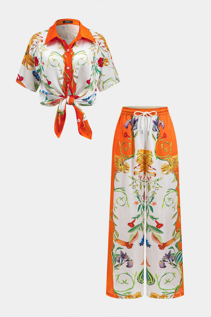 Floral Leaves Print Satin Button Short-Sleeve Shirt