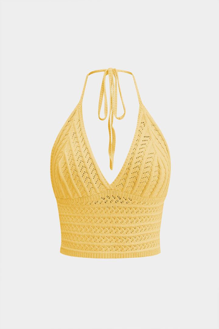 Knit V-Neck Halter Hollow Out Backless Tank Top