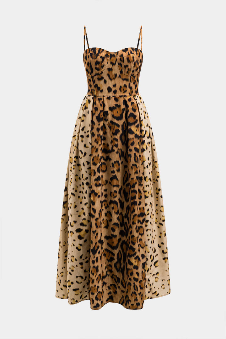 Leopard Print Ruched Bustier Slip Midi Dress