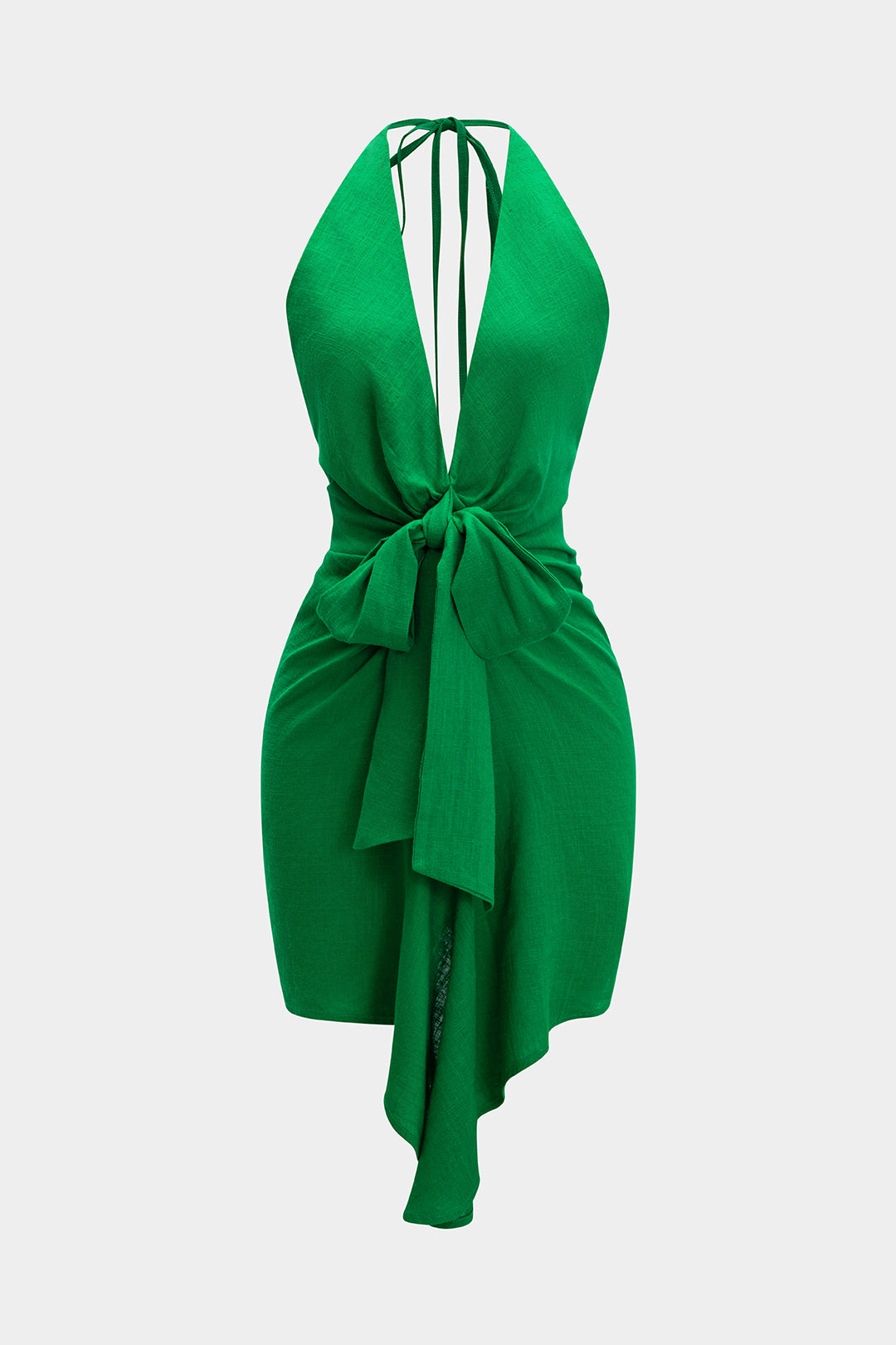 Linen Tie Front V-Neck Halter Neck Ruched Backless Sleeveless Mini Dress