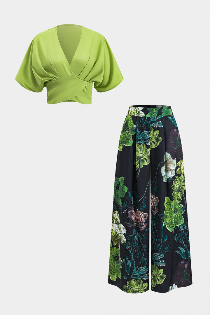 Ruched Short Sleeve Top And Floral Print Zipper Wide Leg Trousers Set