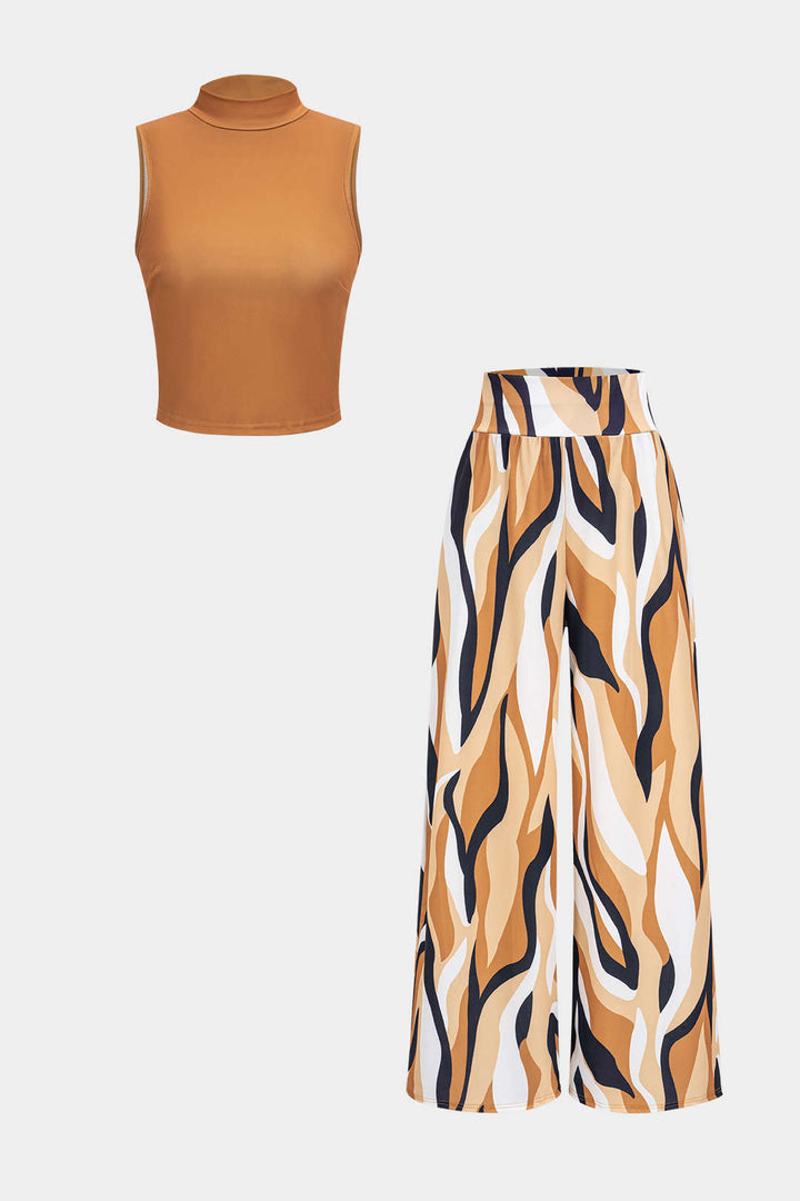 Sleeveless Tank Top And Geometric Pattern Trousers Set