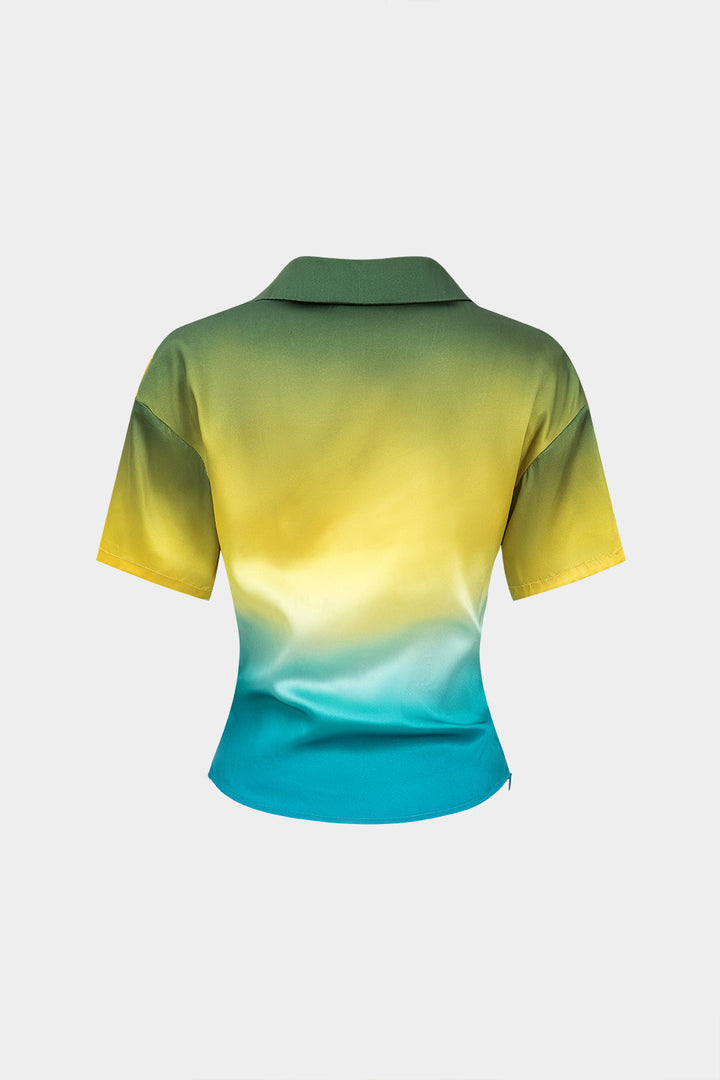 Ombre Print Satin Cowl Neck Short-Sleeve Shirt
